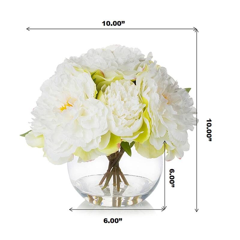 Enova Home Artificial Silk Peony Fake Flowers Arrangement in Round Glass Vase with Faux Water - 10"H x 10"W