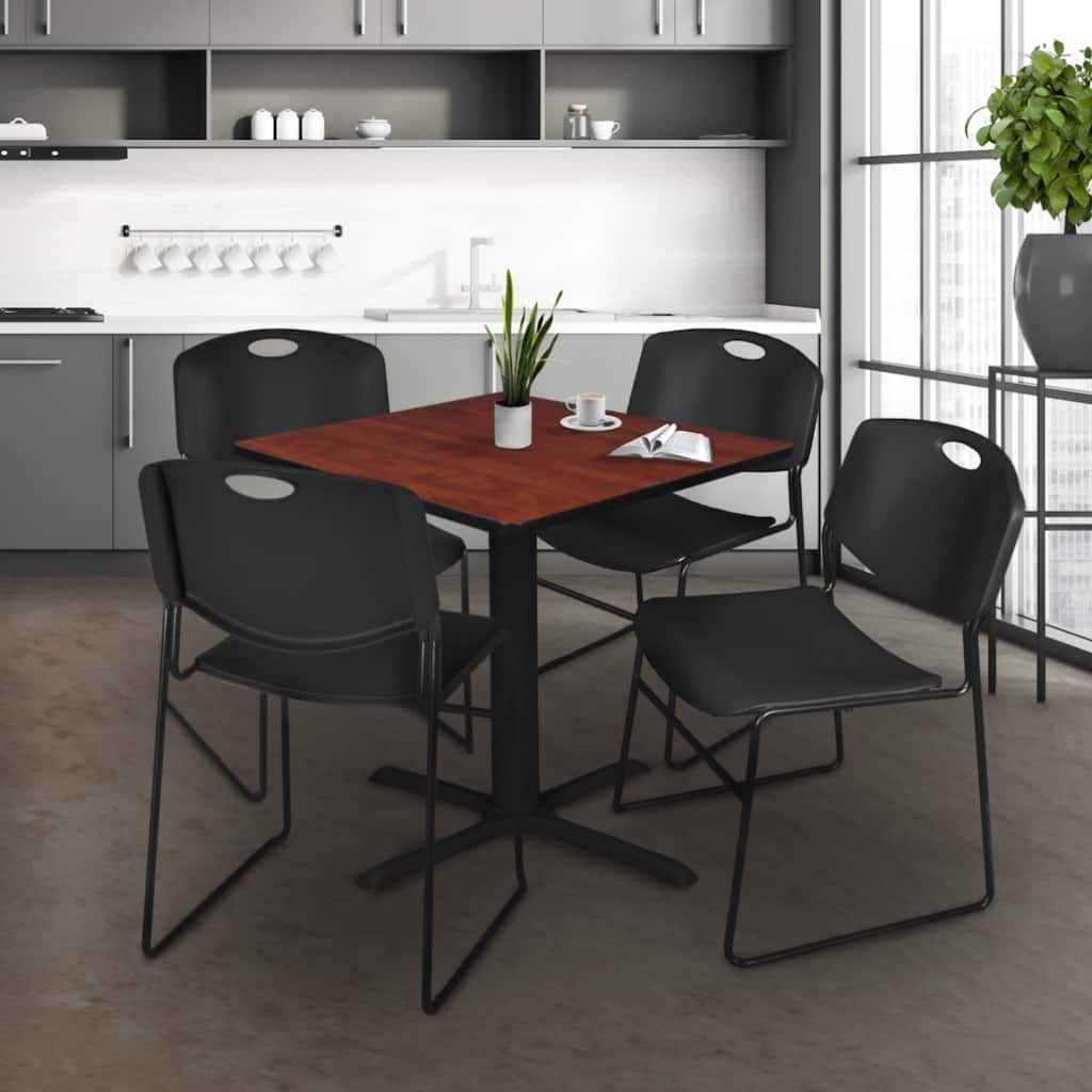 36" Square Breakroom Table- Cherry & 4 Stack Chairs- Black - Cherry, Black - 36
