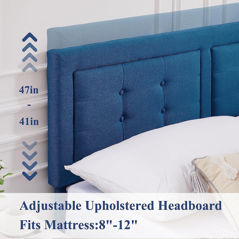 Modern Upholstered Platform Bed Frames with Adjustable Headboard,Blue Beds