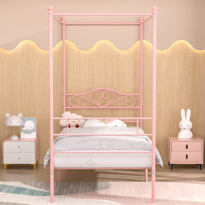 VECELO Twin Bed Set of 2 Canopy Bed Frame with Headboard and Footboard, Metal Four Posters Design
