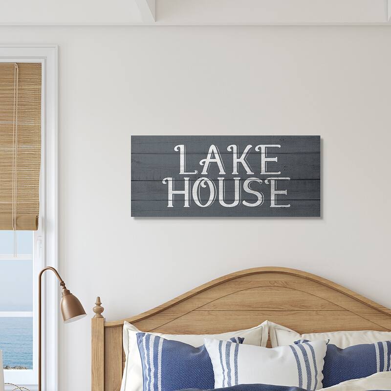 Stupell Lake House Sign Blue White Planked Look Canvas Wall Art