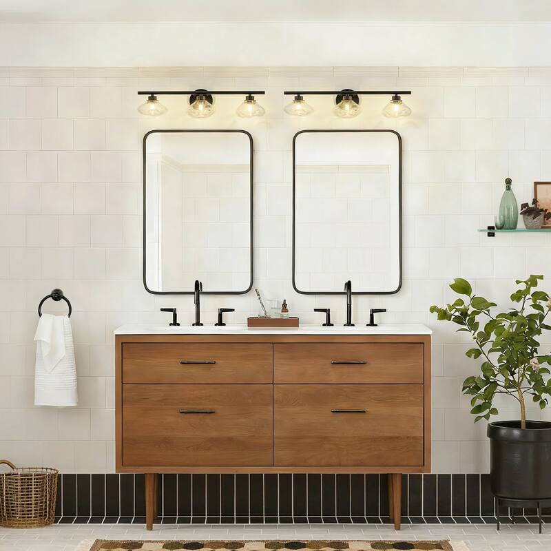 3-Light 24.4" Modern Black/Gold Bathroom Vanity Light with Stone-Shaped Seed Glass Shades