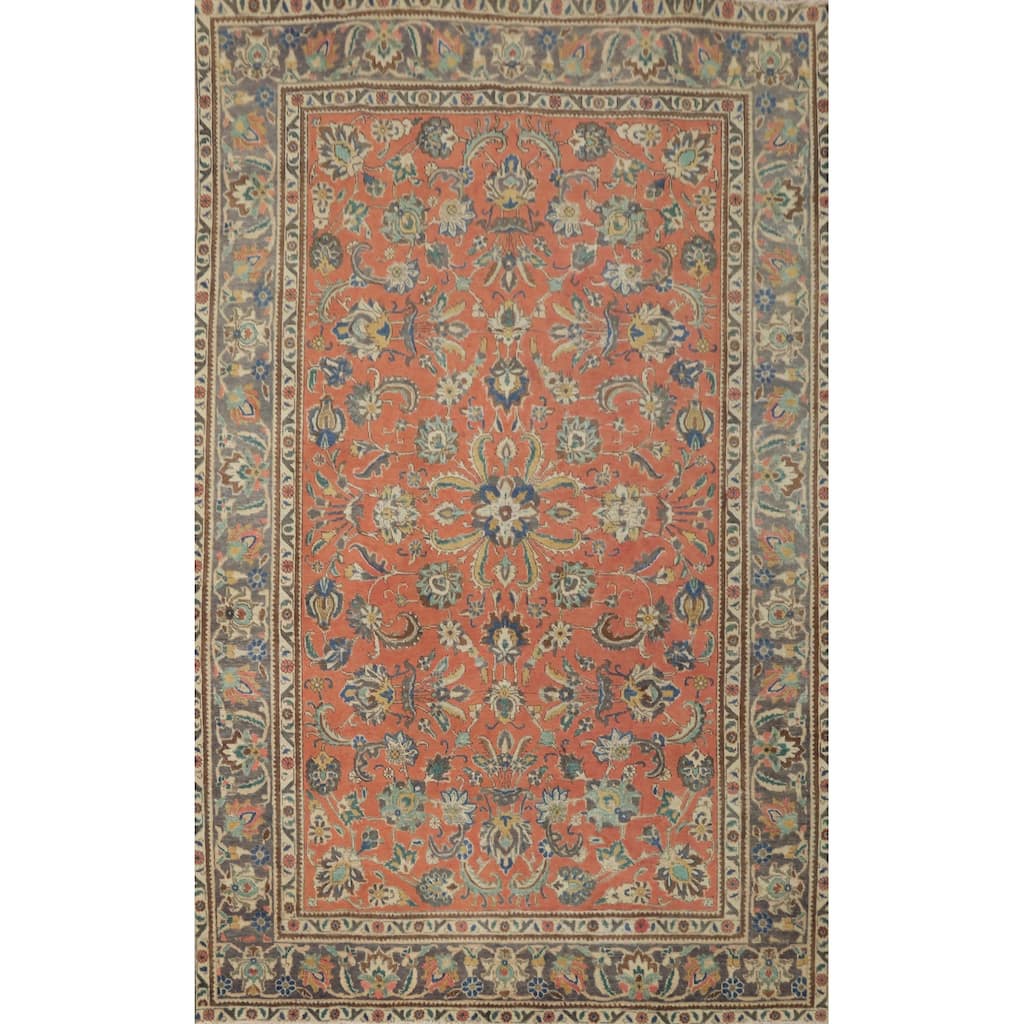 Hand Knotted Oriental 100% Wool Carpet Traditional Floral Oranges & Rust Tabriz Area Rug - 9' 9'' X 6' 4''
