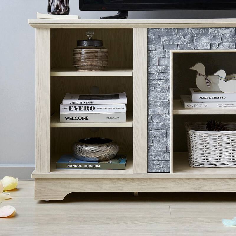 Mantel Stone 58" TV Stand with Faux Stacked Stone Surround, Modern Media Console with Open Storage & Cable Management