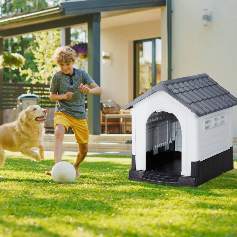 Plastic Dog House with Air Vents, Elevated Floor, Insulated Outdoor Indoor Kennel for Small Dogs