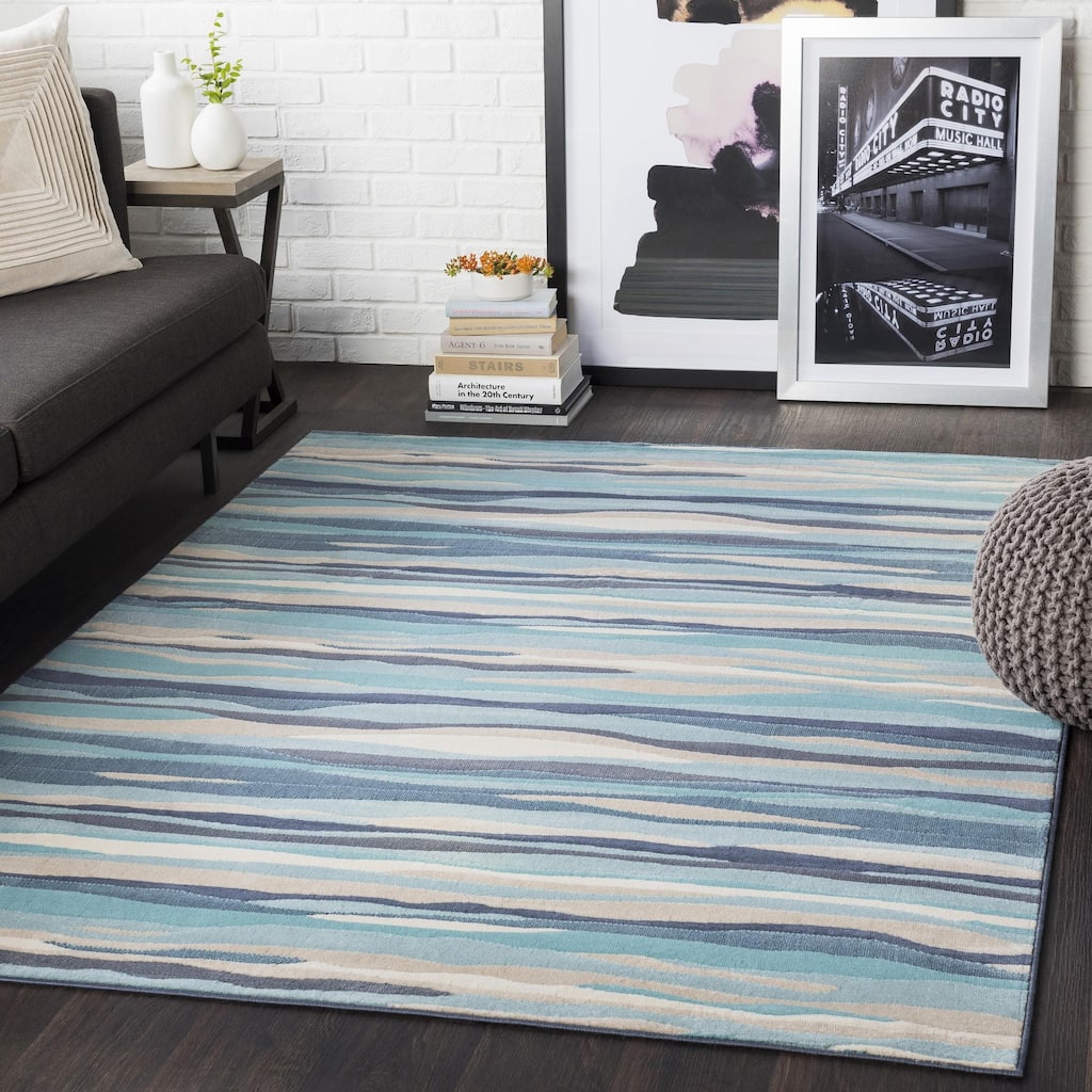 Livabliss City Aqua Wavy Stripes Area Rug
