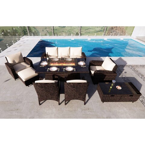 Moda Morden 8-piece Outdoor Wicker Sofa with Fire Pit Table 2 Chairs