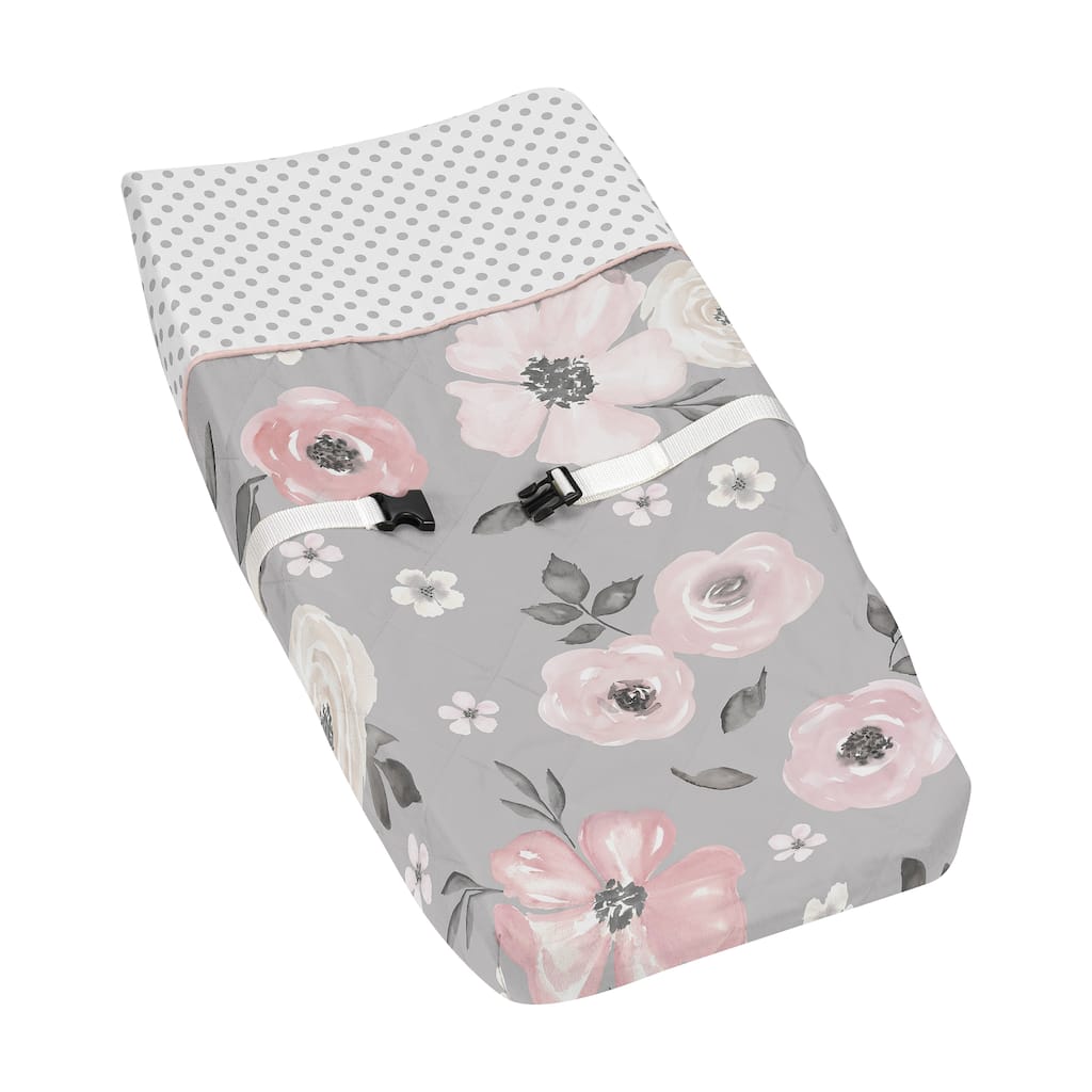 Grey Watercolor Floral Collection Girl Changing Pad Cover - Blush Pink Gray White Shabby Chic Rose Flower Polka Dot Farmhouse