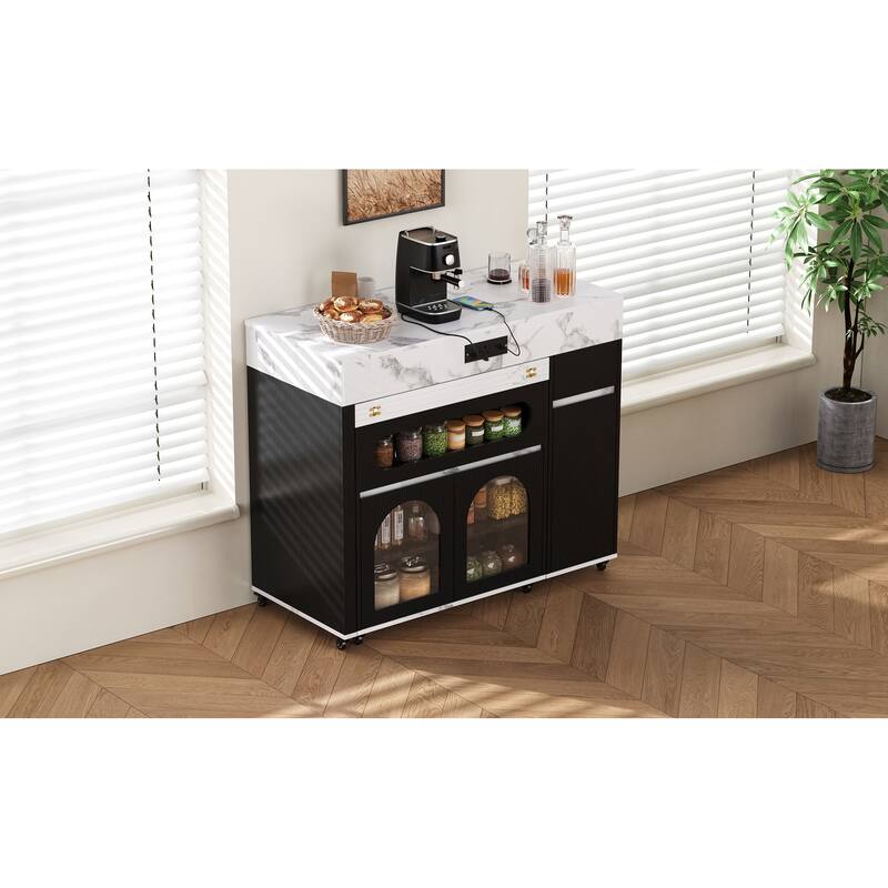 Rolling Kitchen Island with Extendable Table, Drawers, Power Outlet and Brake lock, Storage Cabinet - Black