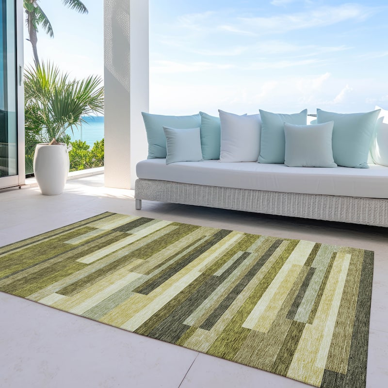 Machine Washable Indoor/ Outdoor Modern Stripes Chantille Rug - Olive - 2'6" x 3'10"