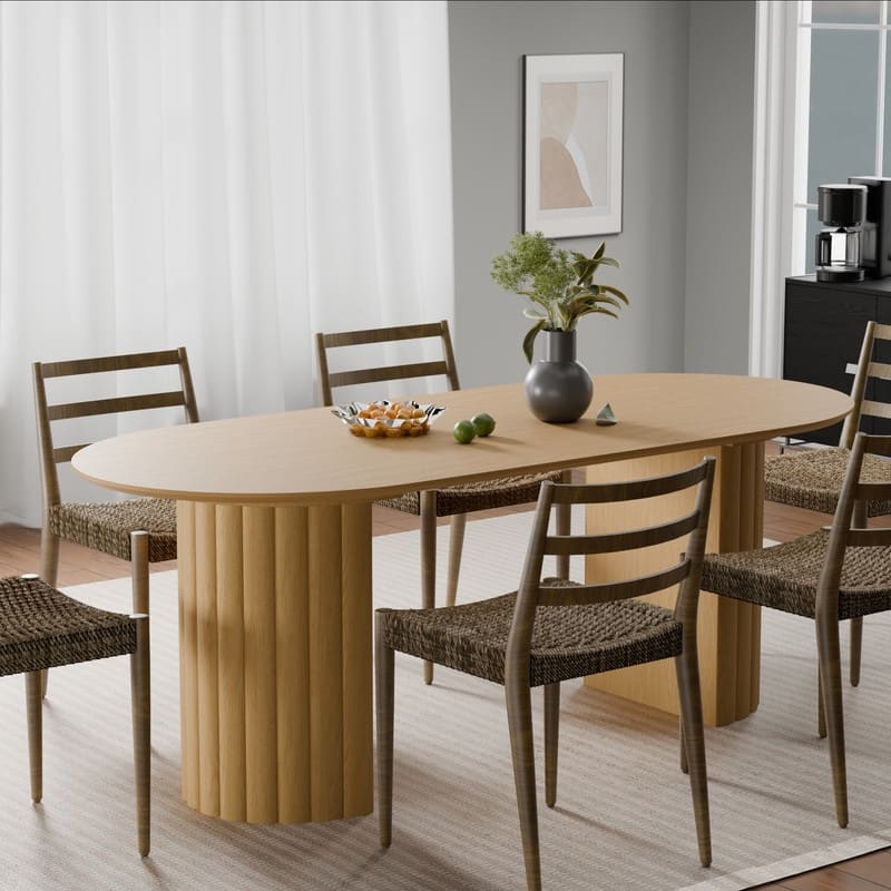 79" Oval Solid Wood Dining Table Duble Pedestal Seats 6 - Natural