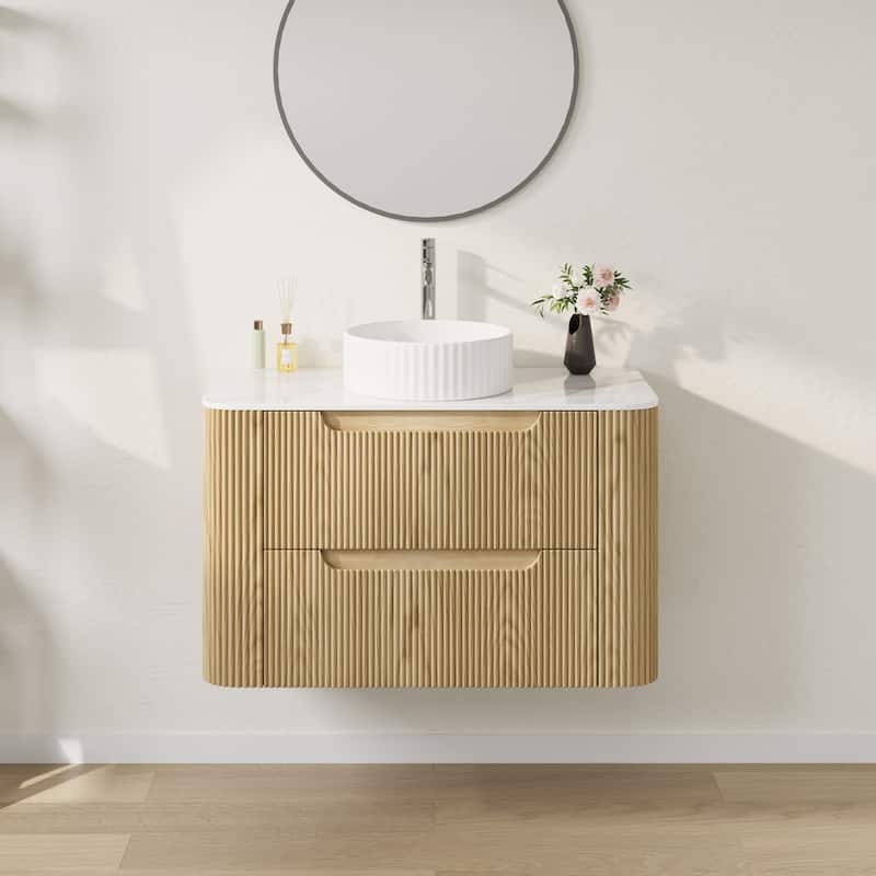 36" Floating Bathroom Vanities with Single Sink,Natural Wood Texture
