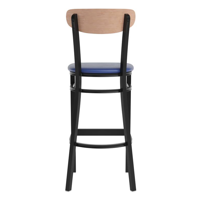 Commercial Metal Barstool with Wood Seat and Boomerang Back