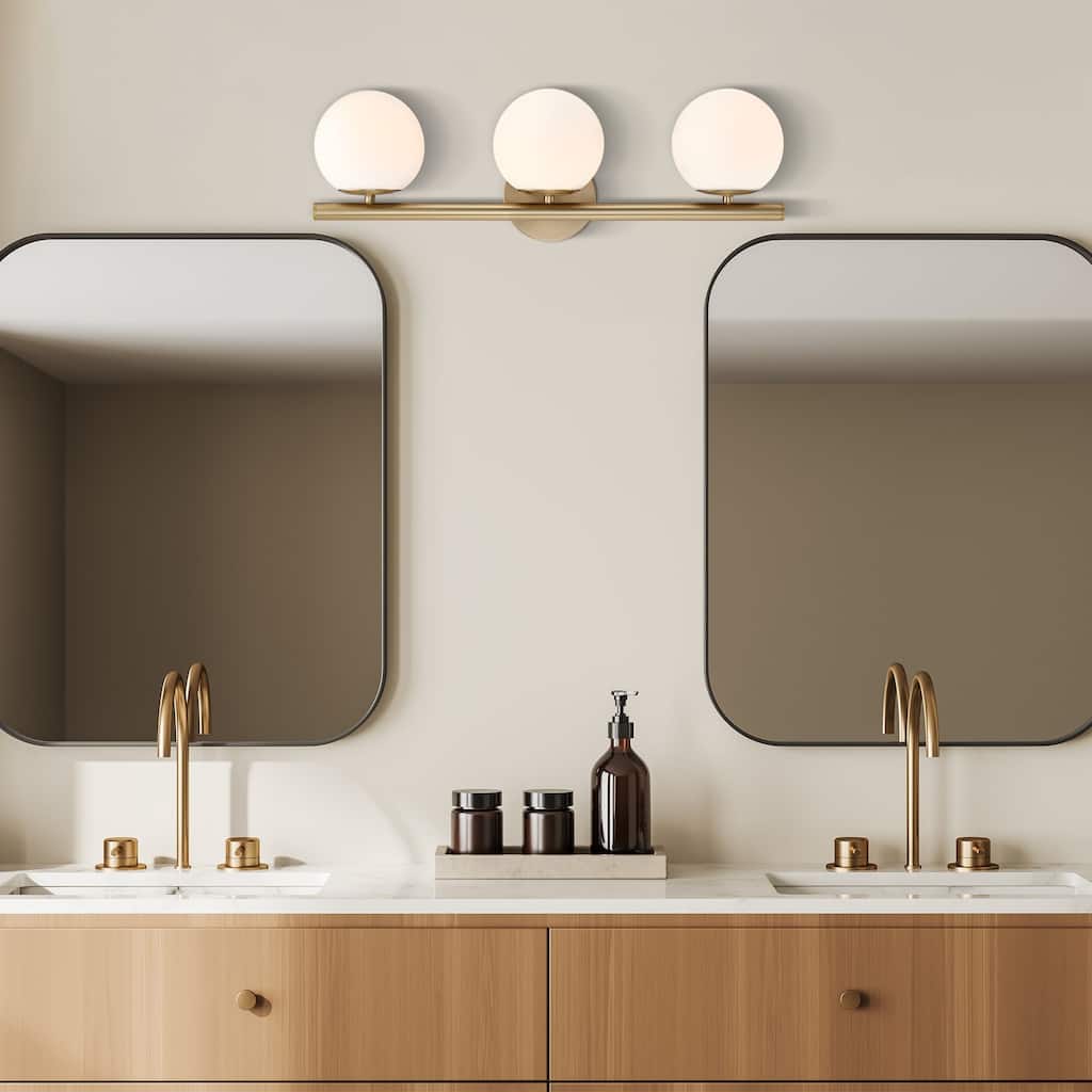 Crown Heights 25 in. 3-Light Brushed Gold Vanity LIght with White Art Glass Shades