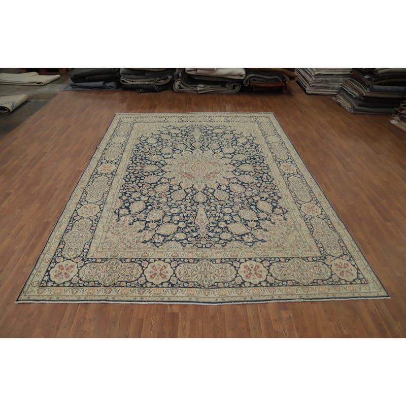 Hand Knotted Oriental 100% Wool Carpet Traditional Floral Navy Blue & Blues Kerman Area Rug - 13' 0'' X 9' 7''