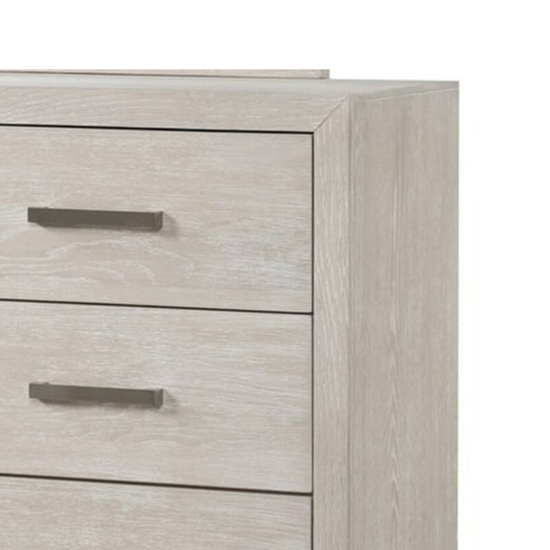 Kexa Wide Dresser, 6 Drawers, Light Gray Solid Wood, Nickel Metal