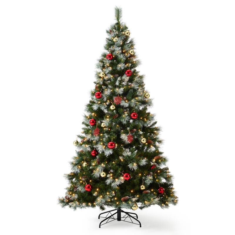 EROMMY 7.5ft Pre-lit Christmas Tree with 500 Lights, Snow-Flocked Artificial Tree with Pine Cones and Ornaments