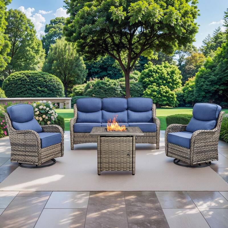 Pocassy 4 Pieces Outdoor 6" Sofa Swivel Chair with Fire Pit Table - Gray Wicker - Blue cushion