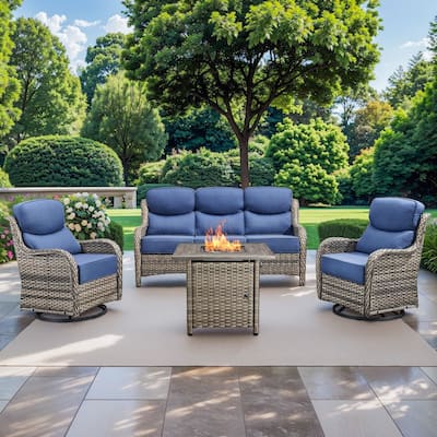 Pocassy 4 Pieces Outdoor 6" Sofa Swivel Chair with Fire Pit Table