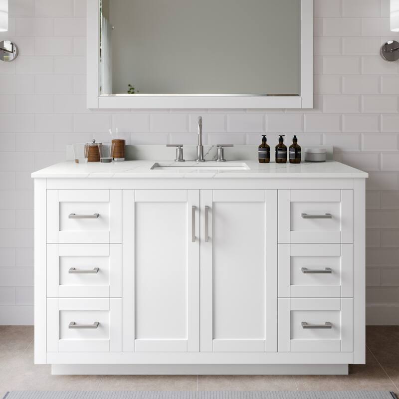 Wyndham Collection WCF292954S-QTZ-US3MXX Miranda 54" Free Standing - White / Giotto Quartz Top / Brushed Nickel
