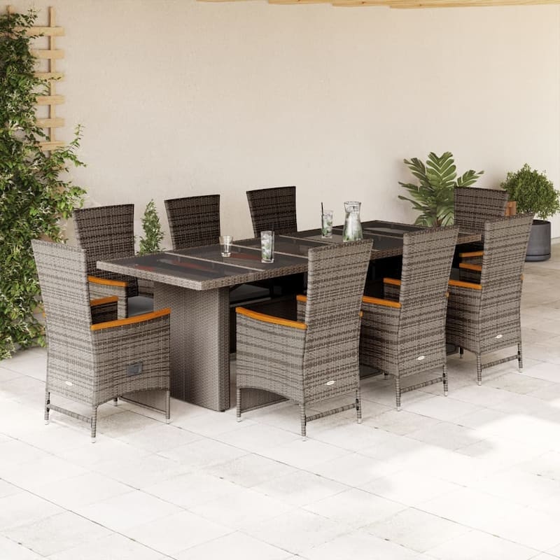 vidaXL Patio Dining Set with Cushions Garden Outdoor Furniture Gray Poly Rattan - 22.8" x 24.4" x 42.5" - Gray 9pcs -reclining chair