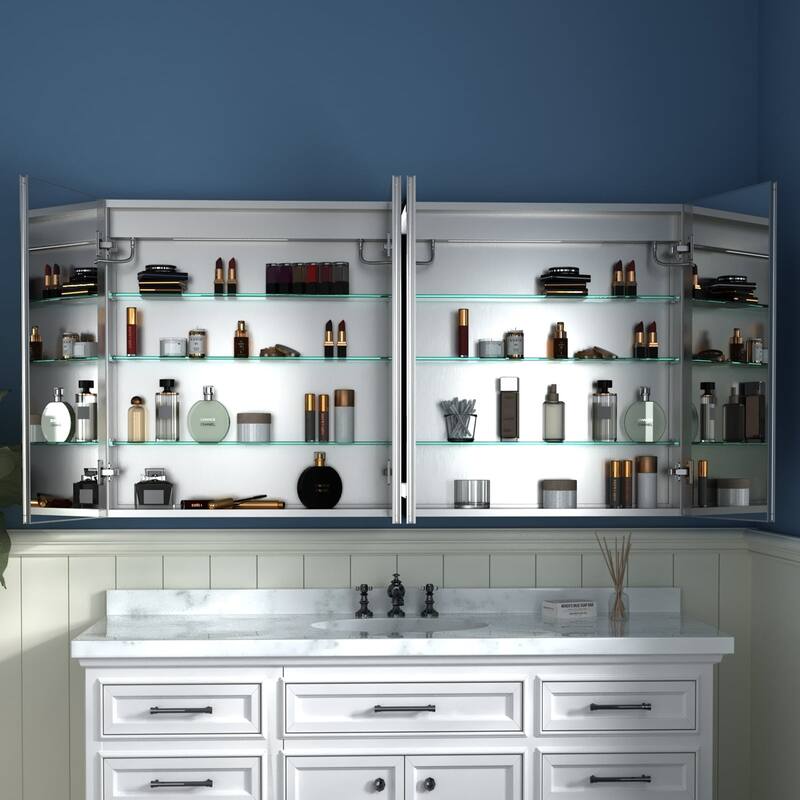 Aluminum Surface/Recessed Mount LED Medicine Cabinet with Mirror, Outlet and Shelves