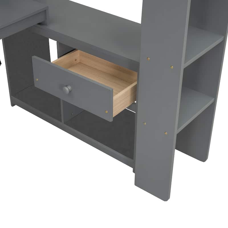 Wood Gaming Loft Bed with Desk, Multi-storage Shelves, LED and Charging Station