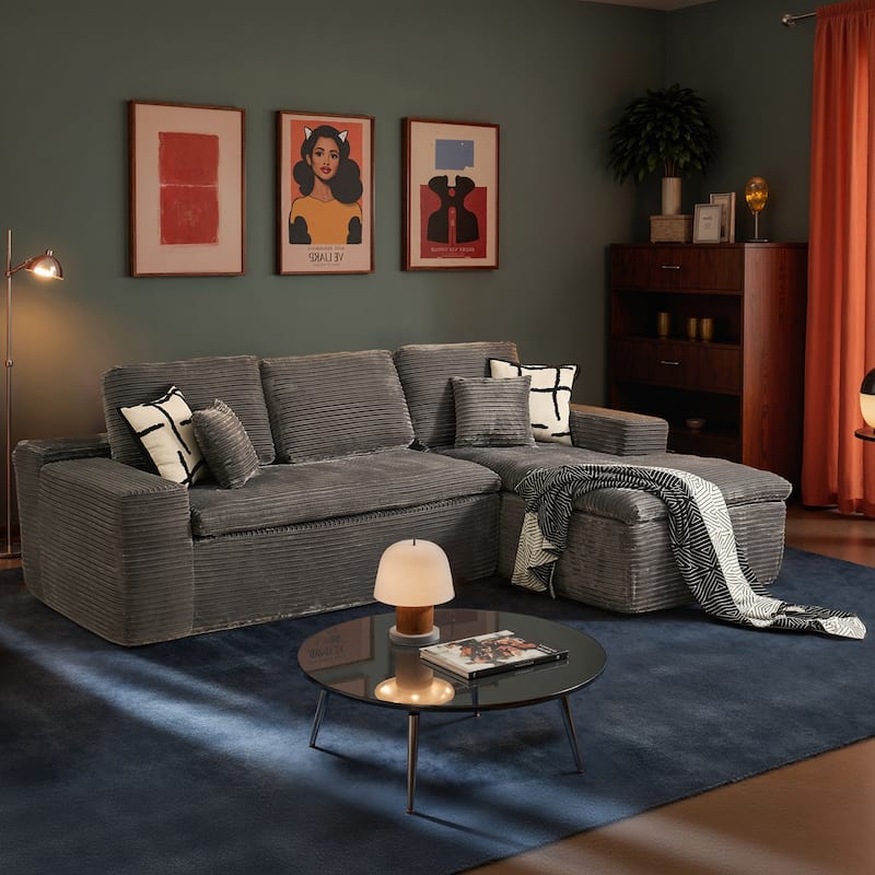 HOOOWOOO Upholstered Fabric Sectional Sofa Couch with Chaise - Corduroy-Grey