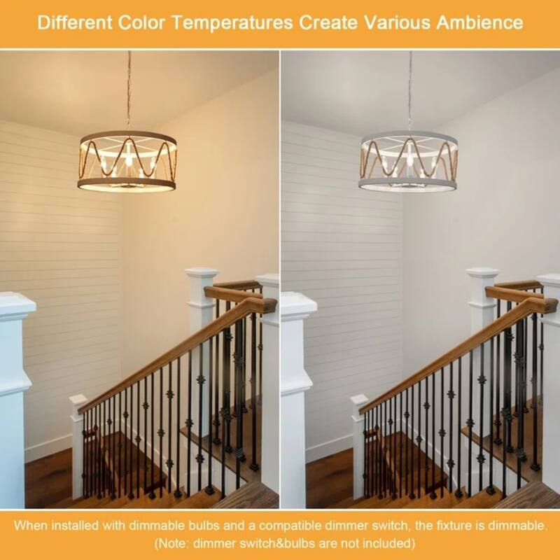 Modern 5-Light Hand-Woven Hemp Rope Drum Chandelier for Dining Room, Classic Semi Flush Mount Chandelier - W19.68"x H9.44"