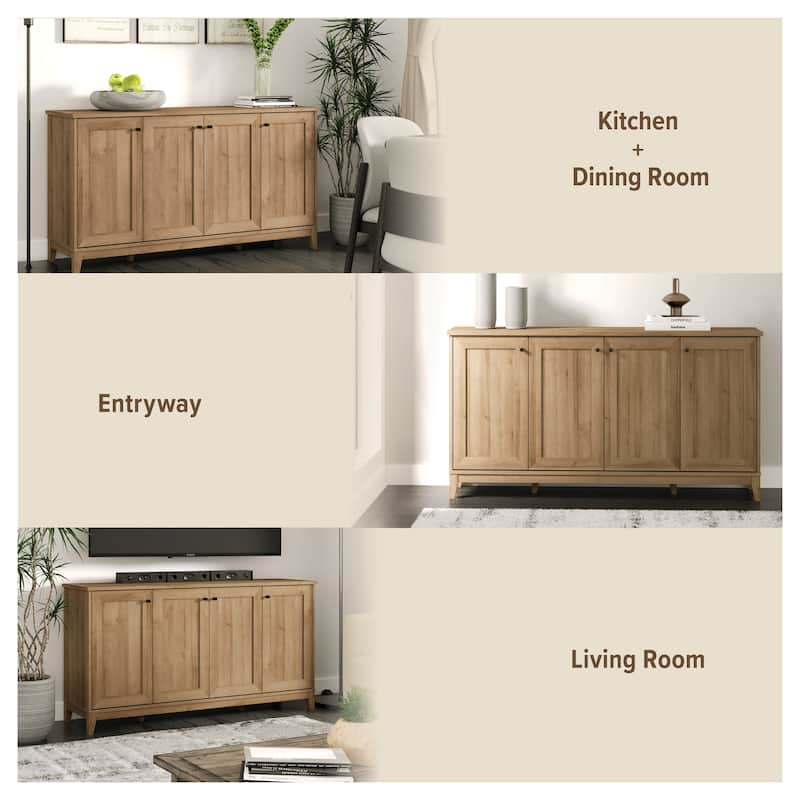 Prepac Yaletown 4 Panel Door 60"W Console Table with Storage, Storage Cabinet with Doors and Shelves, Sideboard Storage Cabinet