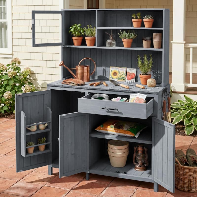 65" Solid Fir Wood Potting Bench with Hutch, Garden Workstation Table with Drawer, Spice Rack & Shelves