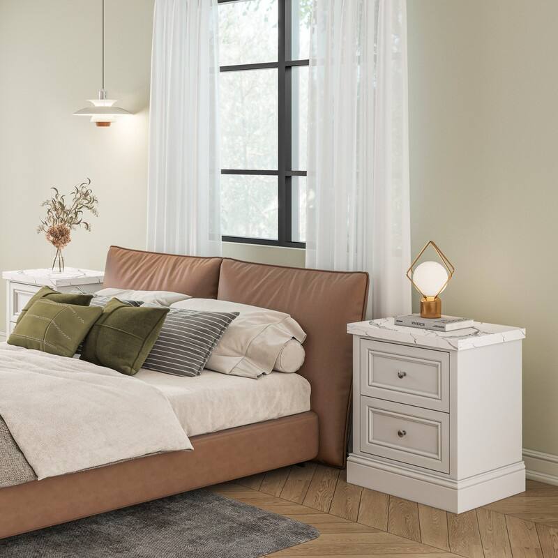 2-Drawer Nightstand with Faux Marble Top