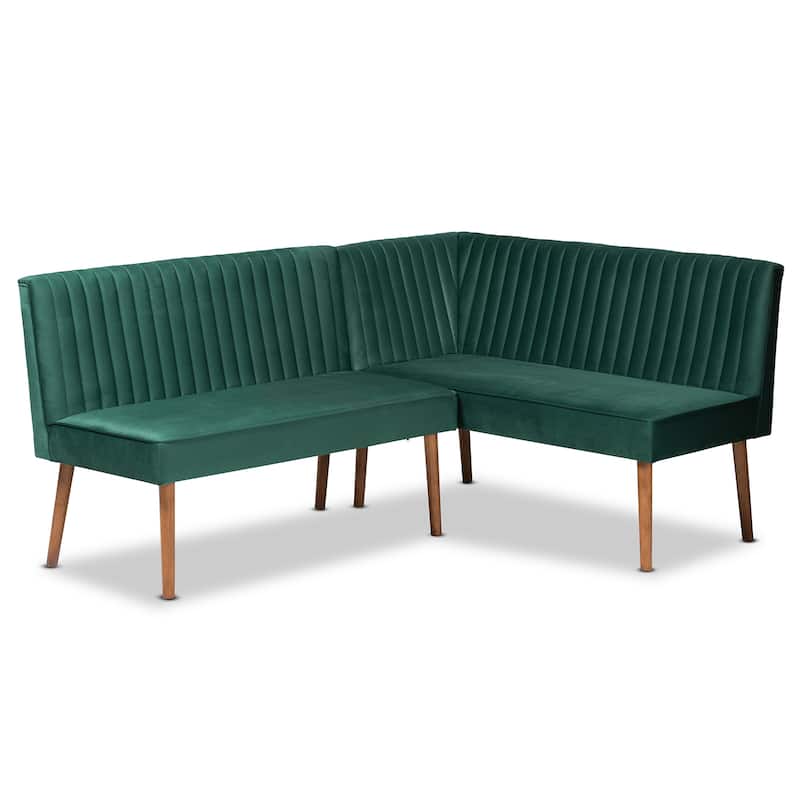 Alvis Mid-Century Velvet Dining Nook Banquette Set(2PC) - Emerald Green, Walnut Brown