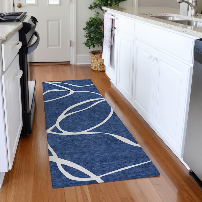 Machine Washable Indoor/ Outdoor Abstract Modern Chantille Rug - Navy - 2'3" x 7'6"