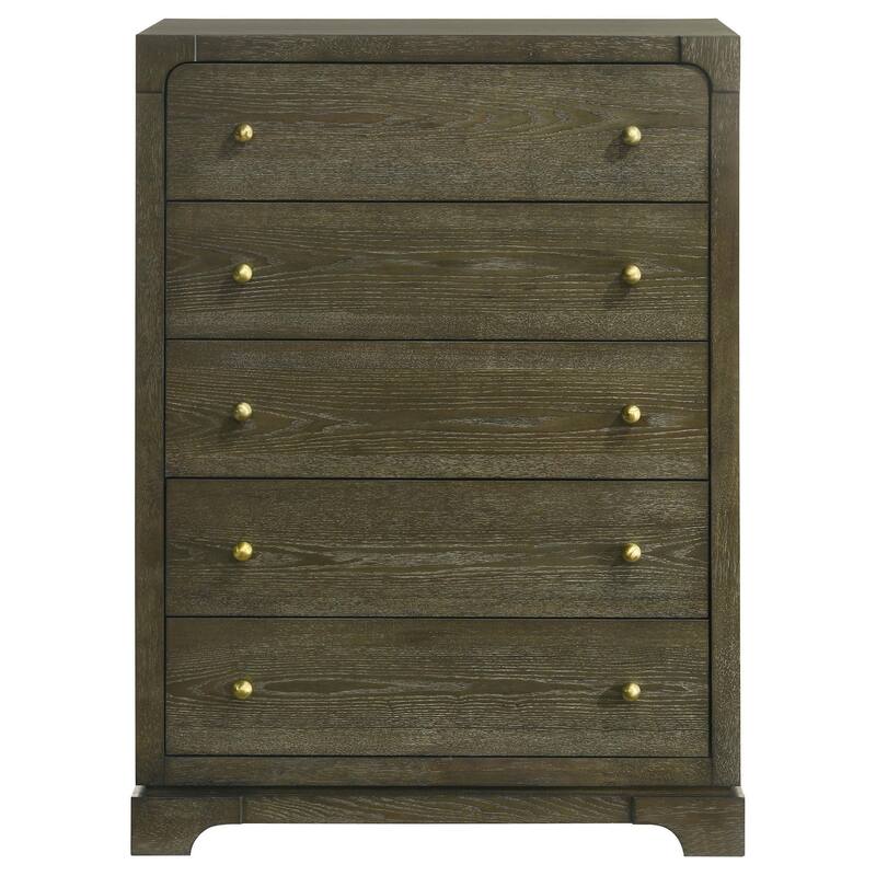 Seon Tall Dresser Chest, 5 Drawers with Brass Knobs, Dark Cocoa Brown