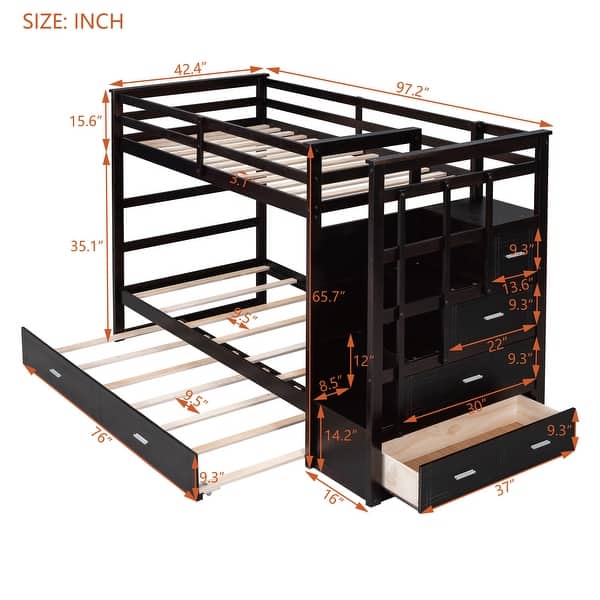 dimension image slide 0 of 3, Twin Over Twin Bunk Bed with Trundle Bed, Staircase and 4 Storage Drawers, Solid Wood Bunk Beds with Stairs and Guardrail