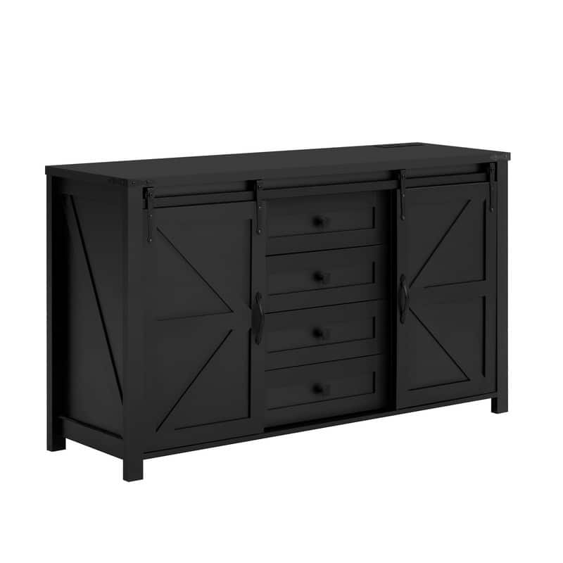 Farmhouse 55.1" Sideboard with Sliding Barn Doors and Storage Drawers, Wood Buffet Table with Power Outlet