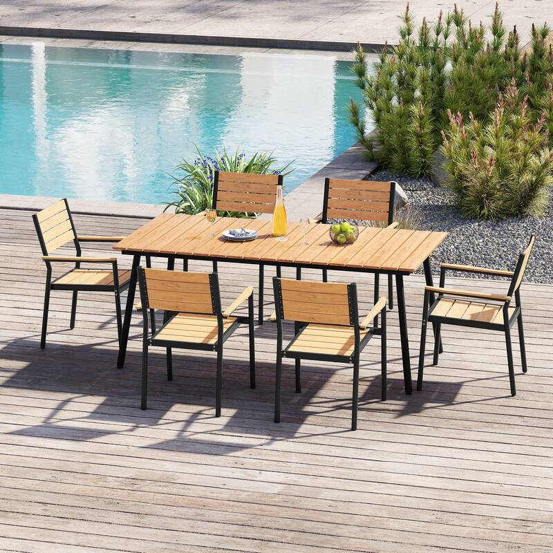 7-Piece Outdoor Dining Set Aluminum Rectangle Patio Dining Table with Umbrella Hole and Stackable Chairs - Brown