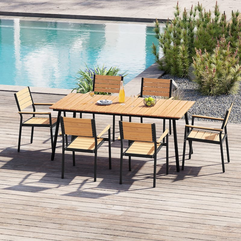 7-Piece Outdoor Dining Set Aluminum Rectangle Patio Dining Table with Umbrella Hole and Stackable Chairs