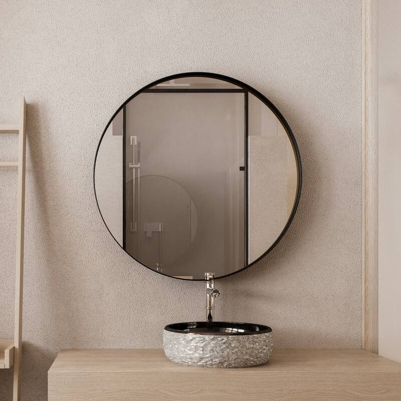 31.5 Inch Surface Mount Round Metal Framed Medicine Cabinet with Mirror and Adjustable Shelves Black Wall Mirror with Storage