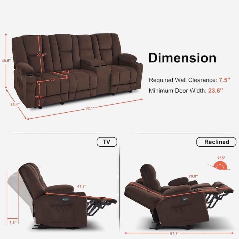 MCombo Electric Power Reclining Sofa with Massage and Lumbar Heat, Fabric 6015/6025/6035/6045