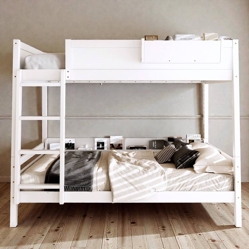 Wooden Bunk Bed Frame with Built-In Storage Shelves, Convertible to Two Beds, No Box Spring Needed - White - Queen