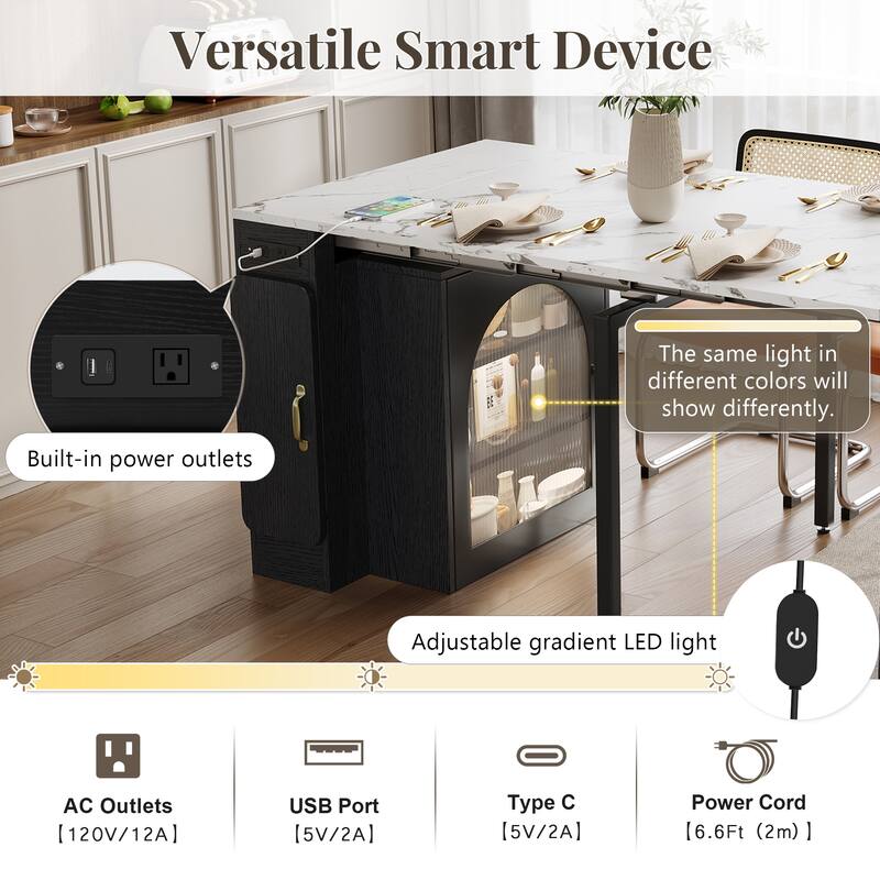 Extendable Kitchen Island Table with 3 Removable Leaves, Power Outlet & Storage Cabinet