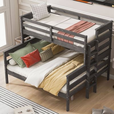 Twin XL over Queen Bunk Bed with Ladder, Sturdy Wood Frame, Detachable Design, Gray