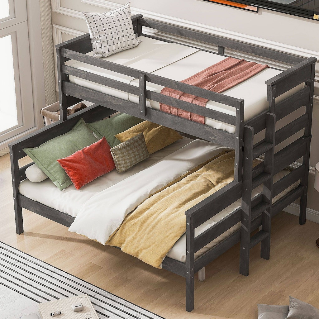 Twin XL over Queen Bunk Bed with Ladder, Sturdy Wood Frame, Detachable Design, Gray