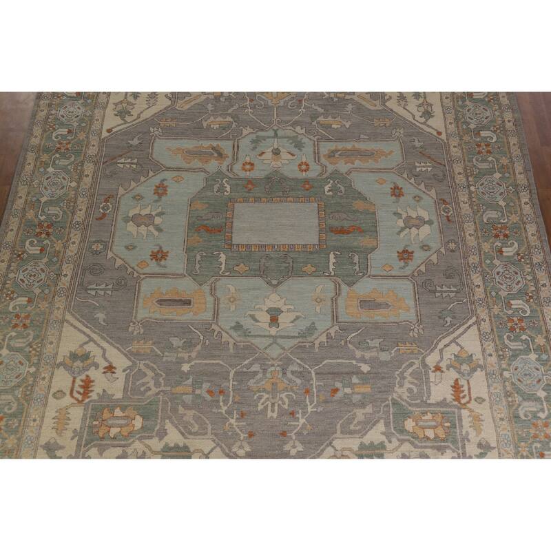 Hand Knotted Oriental 100% Wool Carpet Transitional Medallion Greys & Charcoal Oushak Area Rug - 14' 2'' X 10' 2''