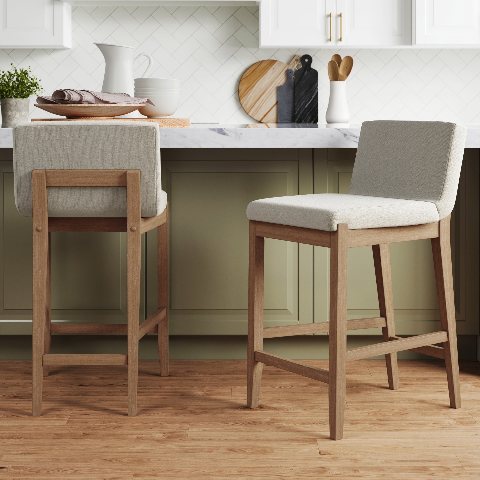 Gracie Modern Bar Stool, Boucle Upholstered Chair and Brushed Wooden Legs