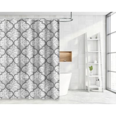 Marina Decoration Waterproof Decor Soft Printed Design Shower Curtain with Roller Hooks, Dark Taupe Floral Damask Pattern