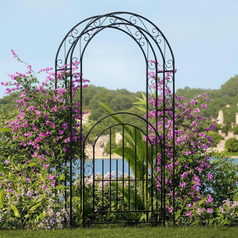 7 FT Elegant Garden Arch with Gate, Wedding Arbor for Climbing Roses & Vines - Black