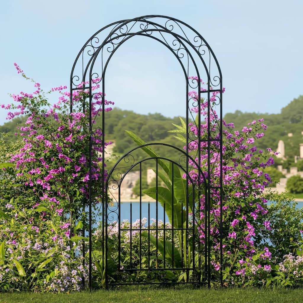 7 FT Elegant Garden Arch with Gate, Wedding Arbor for Climbing Roses & Vines